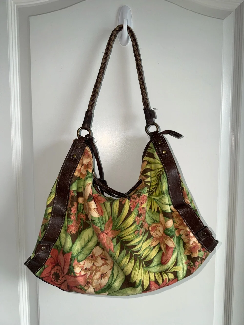Vintage Fossil Floral Canvas Leather Hobo Bag Braided Strap Boho Y2K Purse
